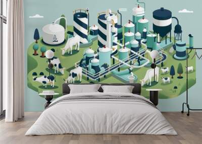 sustainability of plant-based milk production flat illustration, highlighting the environmental benefits of dairy-free alternatives, reduced greenhouse gas emissions, water usage, land footprint Wall mural