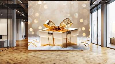 transparent made of glass Christmas gift with glass bow, festive golden bokeh background, snow confetti around, minimal style, copy space left Wall mural