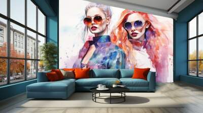 two beautiful women in sunglasses fashion watercolor illustration. Trendy card or party invitation, t-shirt print, tote bag design, shopping mall banner, beauty or optics salon poster. Wall mural