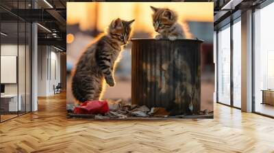 two stray kittens near garbage can looking for food heartbreaking sad image. Problem of feral animals, feline sterilization.  Wall mural