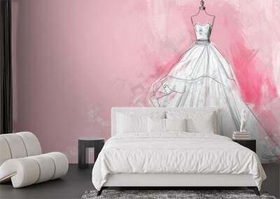 wedding dress fashion illustration sketch on pastel pink background Wall mural