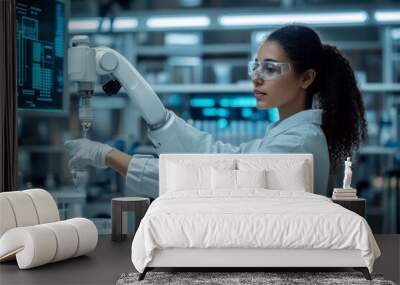 woman scientist working with robotic arm in cutting-edge lab, performing precise tasks like pipetting or handling test tubes, with background of organized lab shelves digital screens displaying data Wall mural