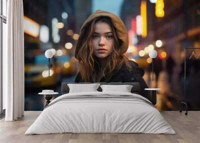 young caucasian woman wearing hood in a city downtown at night with lights bokeh  in autumn or winter Wall mural