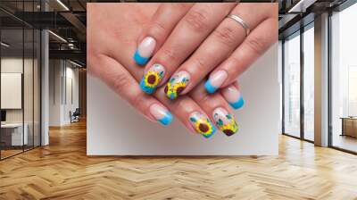 French blue manicure on long square nails. Painted sunflowers. Year manicure. Rice flowers. Novelty.  Wall mural