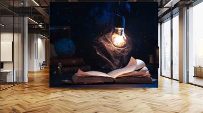 An open book with lighting by a star inside a lightbulb. Night reading conceptual still life with copy space. Wall mural