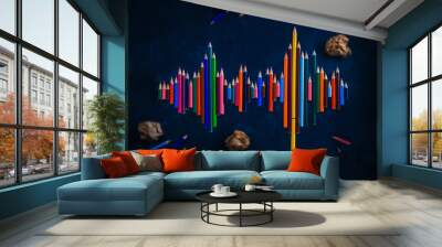 Soundwave shape made with pencils. Writer voice conceptual flat lay with copy space. Wall mural