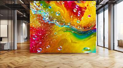 Bright abstract colorful liquid background with drops, splash and bubbles Wall mural