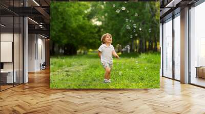 A 2 year old boy plays outside in the summer for soap bubbles. Wall mural