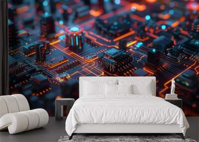 3D rendering of a futuristic circuit board with glowing orange and blue lights. The image is very detailed and shows the complexity of the circuitry. Wall mural