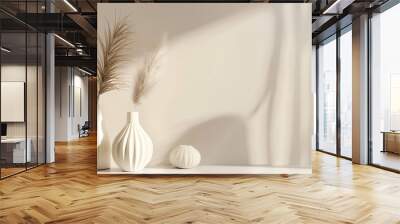 A beautiful image of a white textured vase and a white smooth vase with beige and white fluffy pampas grass on a white table against a beige backgroun Wall mural