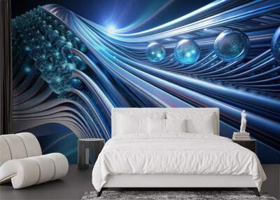 A dynamic swirl of futuristic blue waves and glowing spheres creates an immersive atmosphere of technology and innovation. Generative AI Wall mural