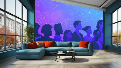 A group of diverse people stand together in front of a blue and purple background. The people are all looking in the same direction. Wall mural