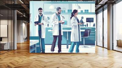 A group of doctors and nurses in a modern hospital setting. They are wearing white coats and stethoscopes. Wall mural