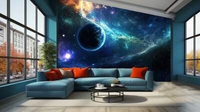 A mesmerizing cosmic view showcasing a vibrant planet amidst swirling galaxies and bright stellar formations in deep space. Generative AI Wall mural