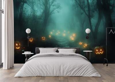 A spooky path through a misty forest, illuminated by glowing jack-o'-lanterns. The eerie atmosphere creates a sense of mystery and anticipation. Wall mural