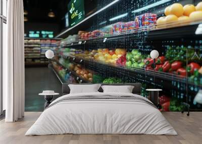 A supermarket aisle with fresh produce on display. The shelves are stocked with colorful fruits and vegetables, creating a vibrant and inviting scene. Wall mural