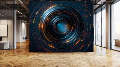 Abstract futuristic camera lens on dark background, place for text Wall mural