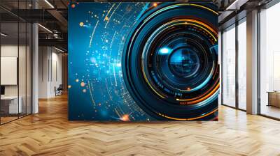 Abstract futuristic camera lens on dark background, place for text Wall mural