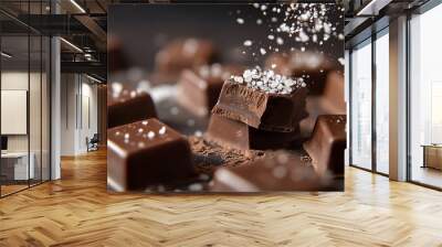 Close-up of dark chocolate squares sprinkled with sea salt, creating a delicious and tempting treat. Wall mural