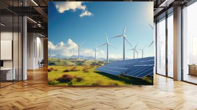 Green energy concept banner design with wind turbines and solar panels landscape. Renewable sources of solar and wind energy. Wall mural