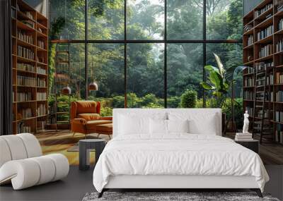 Home library with bookshelves on the wall, panoramic windows Wall mural