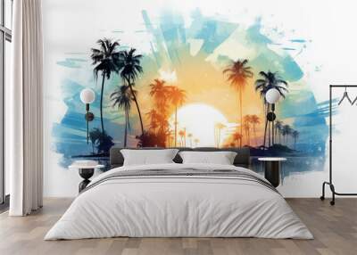 Illustration of palm trees on the beach with ocean sea, watercolor painting of palm trees isolated on white background Wall mural