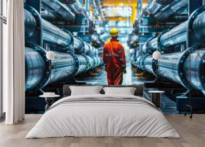 Oil and gas industry workers inspect and maintain utility networks in hazardous areas Wall mural