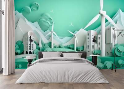 Paper cut light bulb with green eco city, future nature energy city, generative ai Wall mural