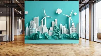 Paper cut light bulb with green eco city, future nature energy city, generative ai Wall mural