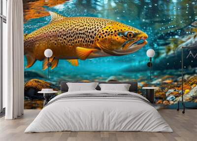 Salmon swims in the waters of a clear river with stones and aquatic plants. Wall mural