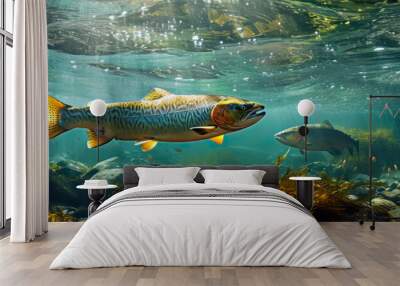 Salmon swims in the waters of a clear river with stones and aquatic plants. Wall mural