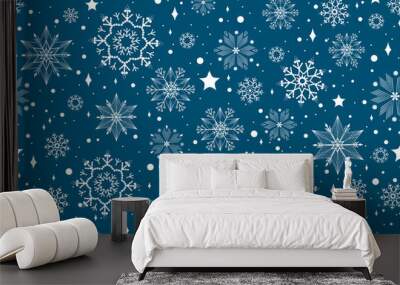 Seamless design blue Christmas card with white snowflakes vector illustration. Template for wrapping paper, textiles, postcards. Christmas background EPS10 Wall mural