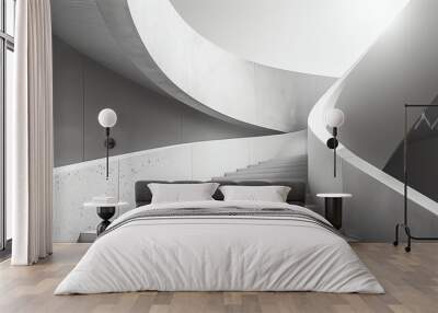 The image is a photograph of a modern staircase with a curved design. The staircase is made of white concrete and has a minimalist aesthetic. Wall mural