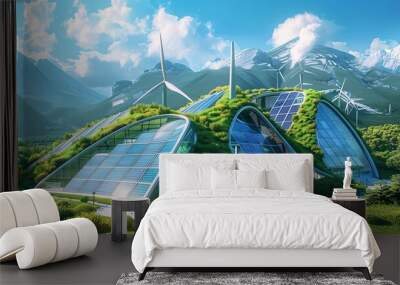 The image shows a futuristic eco-house with solar panels on the roof. The house is surrounded by greenery and mountains in the background. Wall mural