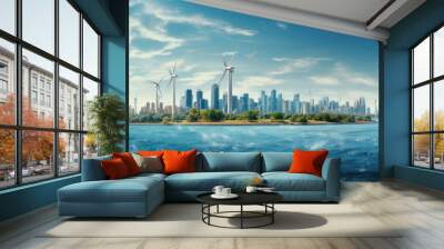 Wind turbines in the sea against the backdrop of a modern city. Earth Day Generative AI Wall mural