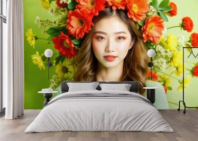 Young woman with wavy hair wearing a green sweater, adorned with a vibrant floral headpiece surrounded by colorful flowers against a green backdrop. Generative AI Wall mural