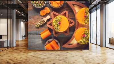 Arabic Cuisine; Dry Apricot Pudding (Qamar Al Deen). Middle Eastern apricot pudding topped with crushed pistachio. It is one of the most famous Ramadan dessert recipe. Wall mural