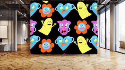 Seamless vector monster pattern withyellow ghosts and blue crying flower or heart faces on black background for wrapping or gift paper and kids textile apparel Wall mural