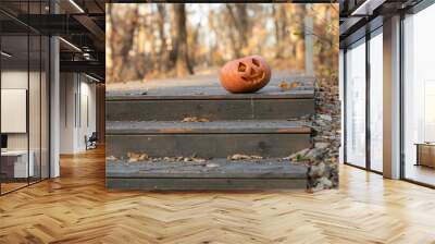 jack o lantern in the garden. Halloween pumpkin head jack lantern on wooden steps Wall mural