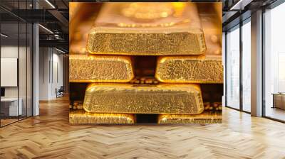 A bunch of stacks of solid gold bars. Backdrop of wealth and precious metals, investment in gold. Wall mural