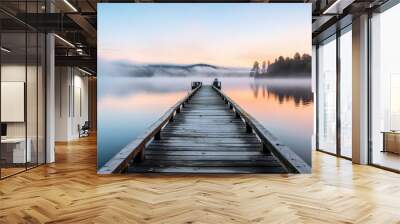 A straight flat simplistic rectangular lake dock, beautiful sunrise, foggy, calm water. Nature relax wallpaper. Wall mural