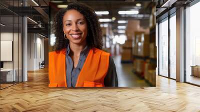 African Woman in orange vest in logistics center, horizontal banner. Smiling portrait, copy space, job offer.  Wall mural