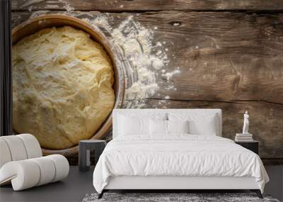 Artisanal Yeast Dough, copy space. A close-up image of freshly kneaded yeast dough resting in a bowl, ready for baking, set on a kitchen countertop. Wall mural