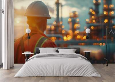 Back view of engineer worker in uniform and hardhat on Pipeline and pipe rack of petroleum industrial plant background.  Wall mural