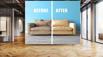 Before and after cleaning sofa. Blue soft sofa dirt stains. Sofa straight view, dirty half and clean half. Concept for a cleaner, dry cleaning, cleaning company, 3d illustration Wall mural