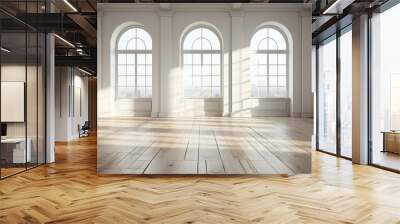 Big Empty room in light colors, big windows, vintage style. Empty banquet hall with a parquet floor.  Wall mural