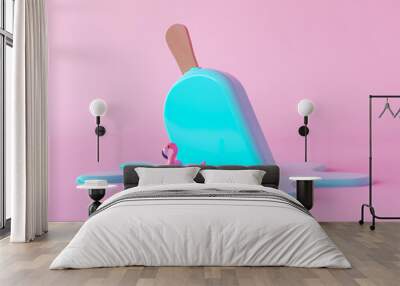 Blue ice cream on stick melting isolated on pastel pink background. Melting popsicle with inflatable pink Flamingo and puddle of ice cream. Summer creative concept. 3d render illustration. Wall mural