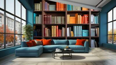 Bookshelf with colorful rainbow folders. Wallpaper with straight view of open bookcase. Modern interior design backdrop. Wall mural