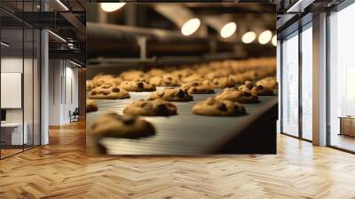 Chocolate chip cookies in production line on a conveyor. Production of classic chocolate chip cookies.  Wall mural