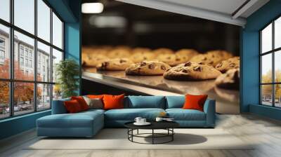 Chocolate chip cookies in production line on a conveyor. Production of classic chocolate chip cookies.  Wall mural